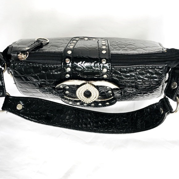 Black Aldo Spring rhinestone embellished faux lizard patent leather handbag - Picture 16 of 16